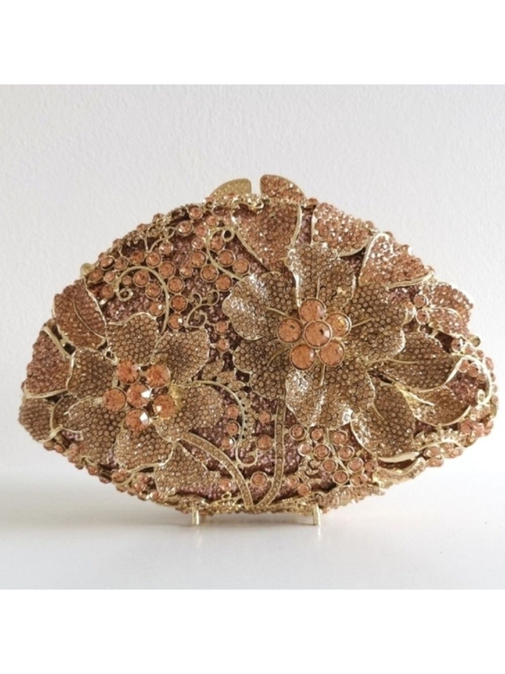 Exquisite Crystal Anemone Garden clutch evening purse in rose gold tone